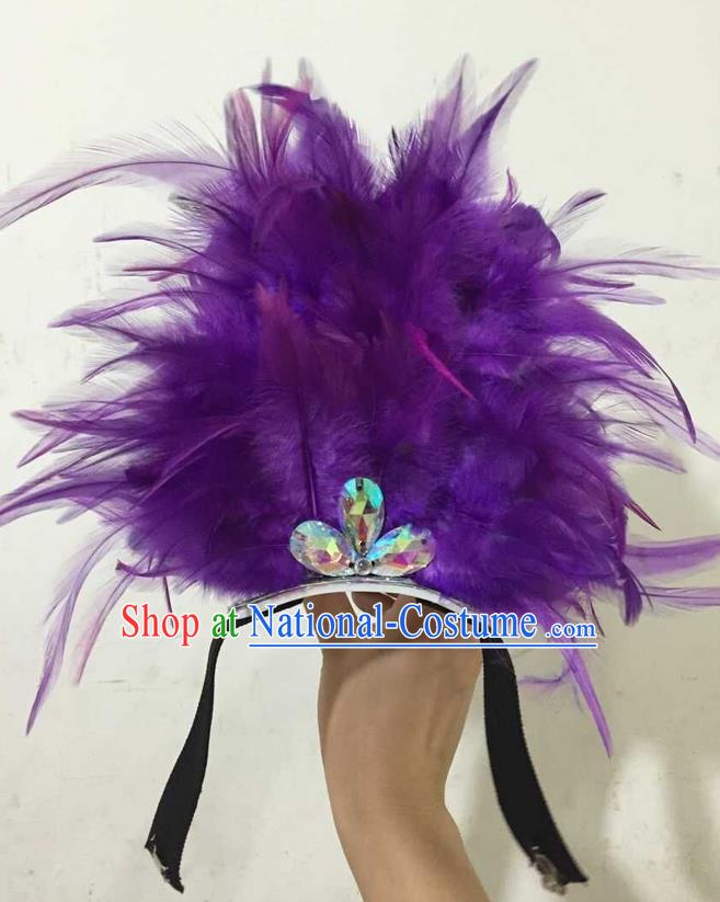 Top Grade Professional Performance Catwalks Halloween Purple Feathers Head Decorations Headpiece, Brazilian Rio Carnival Parade Samba Dance Headwear for Kids