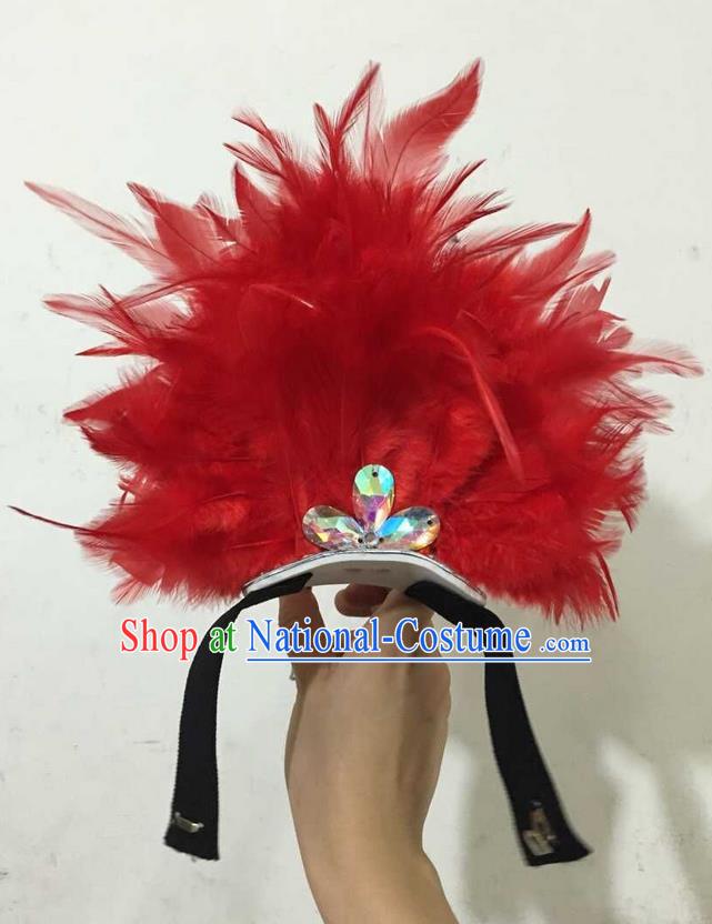 Top Grade Professional Performance Catwalks Halloween Red Feathers Head Decorations Headpiece, Brazilian Rio Carnival Parade Samba Dance Headwear for Kids