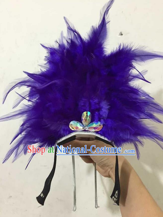 Top Grade Professional Performance Catwalks Halloween Royalblue Feathers Head Decorations Headpiece, Brazilian Rio Carnival Parade Samba Dance Headwear for Kids