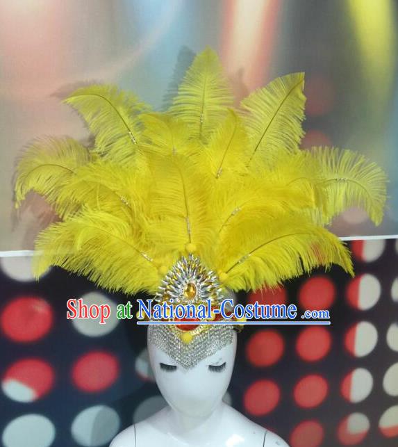 Top Grade Professional Performance Catwalks Yellow Feathers Head Decorations Headwear, Brazilian Rio Carnival Parade Samba Dance Hair Accessories for Women