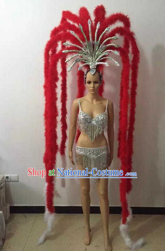 Top Grade Professional Performance Catwalks Halloween Decorations Red Headpiece, Brazilian Rio Carnival Parade Samba Dance Big Hair Accessories for Women