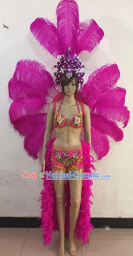 Top Grade Professional Performance Catwalks Rosy Feathers Decorations Backplane and Hair Accessories, Brazilian Rio Carnival Parade Samba Dance Wings for Women