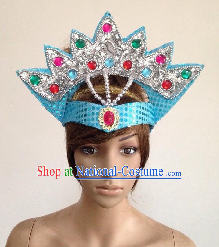 Top Grade Professional Performance Catwalks Blue Crystal Crown Decorations Hair Accessories, Brazilian Rio Carnival Parade Samba Dance Headpiece for Women