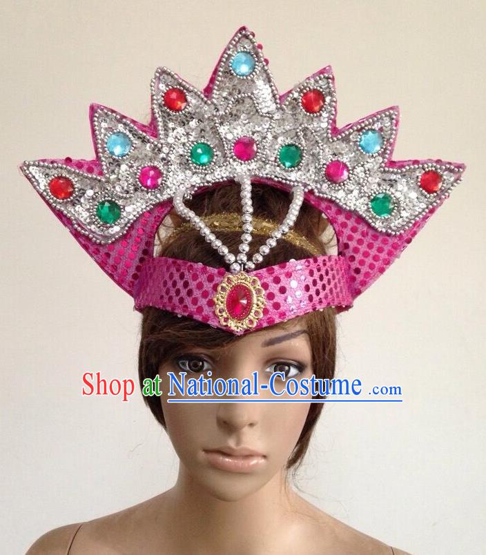 Top Grade Professional Performance Catwalks Pink Crystal Crown Decorations Hair Accessories, Brazilian Rio Carnival Parade Samba Dance Headpiece for Women