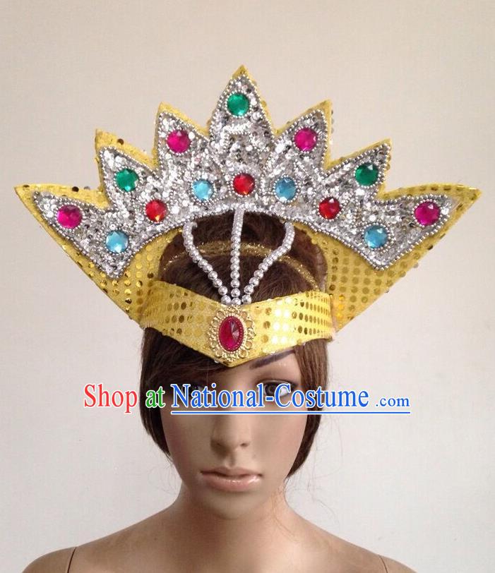 Top Grade Professional Performance Catwalks Yellow Crystal Crown Decorations Hair Accessories, Brazilian Rio Carnival Parade Samba Dance Headpiece for Women