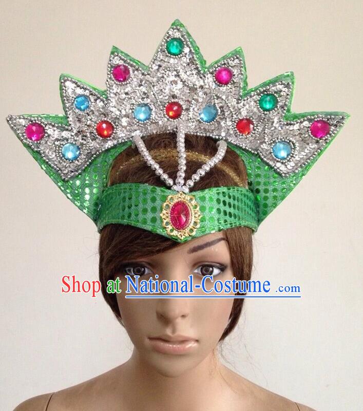 Top Grade Professional Performance Catwalks Green Crystal Crown Decorations Hair Accessories, Brazilian Rio Carnival Parade Samba Dance Headpiece for Women