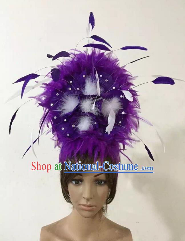 Top Grade Professional Performance Catwalks Purple Feather Hair Accessories, Brazilian Rio Carnival Parade Samba Dance Headpiece for Women