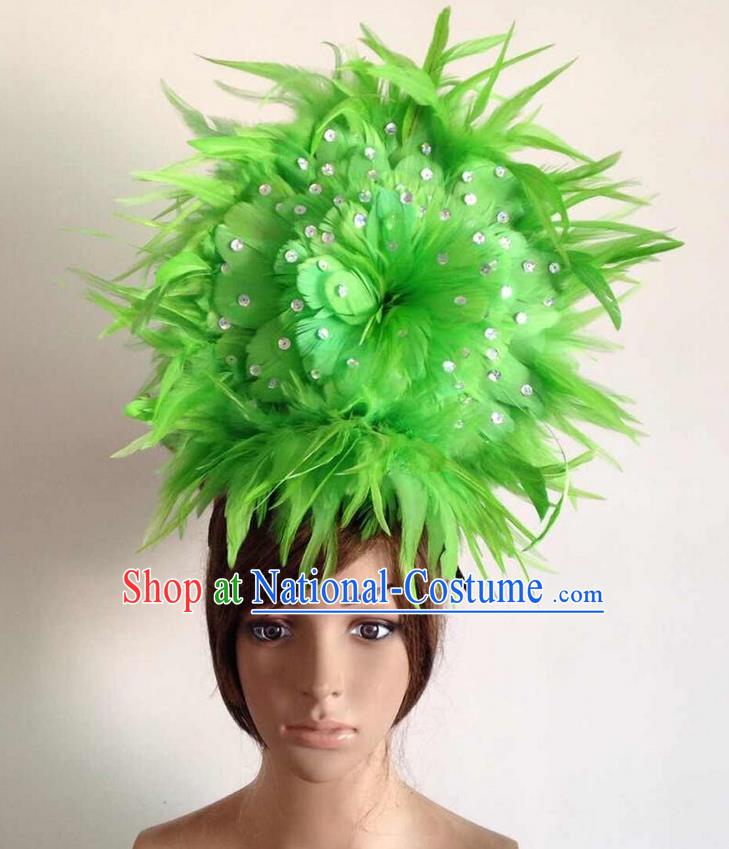 Top Grade Professional Performance Catwalks Green Feather Hair Accessories, Brazilian Rio Carnival Parade Samba Dance Headpiece for Women