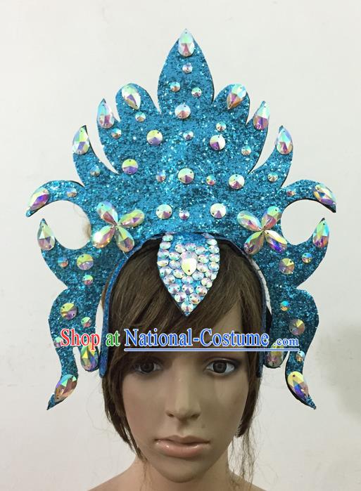 Top Grade Professional Performance Catwalks Queen Crystal Blue Crown Hair Accessories, Brazilian Rio Carnival Parade Samba Dance Headpiece for Women