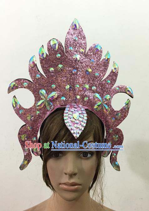 Top Grade Professional Performance Catwalks Queen Crystal Pink Crown Hair Accessories, Brazilian Rio Carnival Parade Samba Dance Headpiece for Women