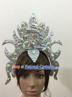 Top Grade Professional Performance Catwalks Queen Crystal White Crown Hair Accessories, Brazilian Rio Carnival Parade Samba Dance Headpiece for Women