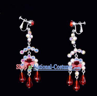 Chinese Ancient Peking Opera Head Accessories Young Lady Diva Colorful Crystal Red Earrings, Traditional Chinese Beijing Opera Hua Tan Eardrop Ear Pendants