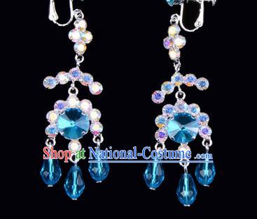 Chinese Ancient Peking Opera Head Accessories Young Lady Diva Colorful Crystal Blue Earrings, Traditional Chinese Beijing Opera Hua Tan Eardrop Ear Pendants