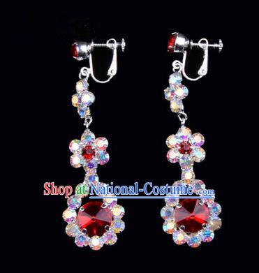 Chinese Ancient Peking Opera Head Accessories Young Lady Diva Colorful Crystal Red Water Drop Earrings, Traditional Chinese Beijing Opera Hua Tan Eardrop Ear Pendants