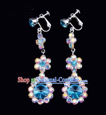 Chinese Ancient Peking Opera Head Accessories Young Lady Diva Colorful Crystal Blue Water Drop Earrings, Traditional Chinese Beijing Opera Hua Tan Eardrop Ear Pendants