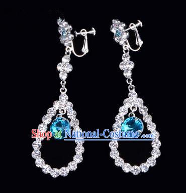 Chinese Ancient Peking Opera Head Accessories Young Lady Diva Colorful Crystal Blue Water Drop Earrings, Traditional Chinese Beijing Opera Hua Tan Ear Pendants