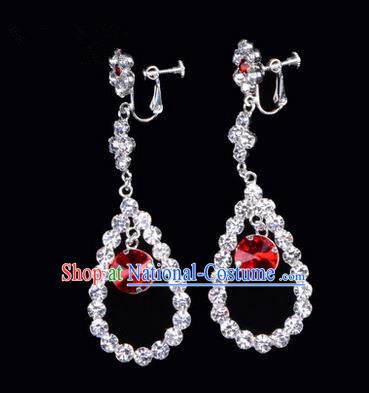 Chinese Ancient Peking Opera Head Accessories Young Lady Diva Colorful Crystal Red Water Drop Earrings, Traditional Chinese Beijing Opera Hua Tan Ear Pendants