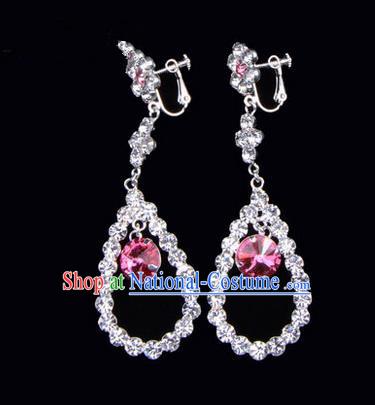 Chinese Ancient Peking Opera Head Accessories Young Lady Diva Colorful Crystal Pink Water Drop Earrings, Traditional Chinese Beijing Opera Hua Tan Ear Pendants