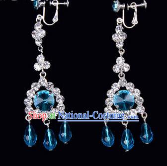 Chinese Ancient Peking Opera Head Accessories Young Lady Diva Colorful Crystal Blue Tassel Earrings, Traditional Chinese Beijing Opera Hua Tan Ear Pendants