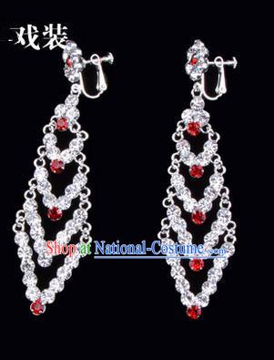 Chinese Ancient Peking Opera Head Accessories Young Lady Diva Colorful Crystal Red Rhombus Earrings, Traditional Chinese Beijing Opera Hua Tan Ear Pendants