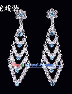 Chinese Ancient Peking Opera Head Accessories Young Lady Diva Colorful Crystal Blue Rhombus Earrings, Traditional Chinese Beijing Opera Hua Tan Ear Pendants