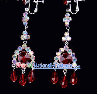 Chinese Ancient Peking Opera Head Accessories Young Lady Diva Colorful Crystal Red Tassel Earrings, Traditional Chinese Beijing Opera Hua Tan Ear Pendants