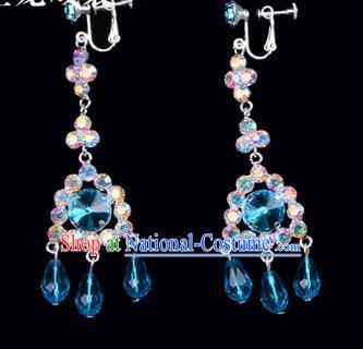 Chinese Ancient Peking Opera Head Accessories Young Lady Diva Colorful Crystal Blue Tassel Earrings, Traditional Chinese Beijing Opera Hua Tan Ear Pendants