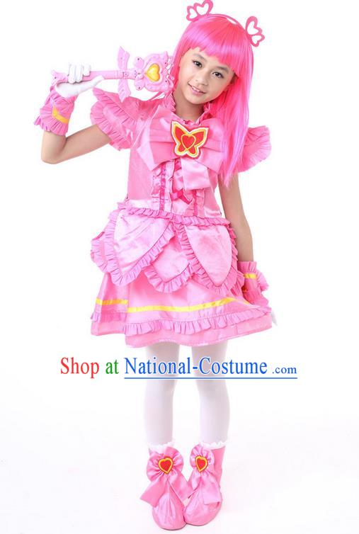 Top Grade Chinese Professional Halloween Performance Little Fairy Costume Complete Set, Children Cosplay Princess Pink Bubble Dress for Kids