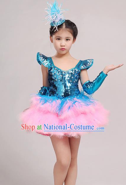 Top Grade Chinese Professional Performance Jazz Dance Costume, Children Modern Dance Feather Blue Bubble Dress for Kids