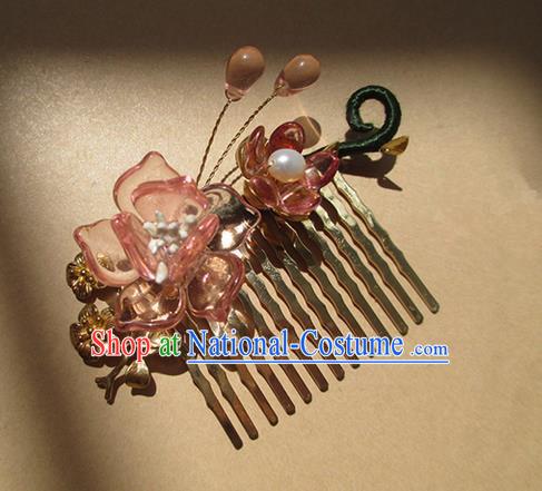 Chinese Ancient Handmade Jewelry Accessories Pink Flowers Hairpins, Traditional Chinese Ancient Hanfu Hair Stick Combs for Women