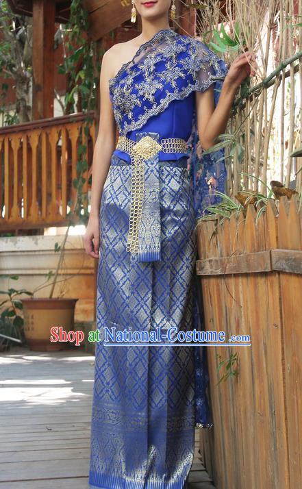 Traditional Thailand Ancient Handmade Costumes, Traditional Thai China Dai Nationality Bride Wedding Blue Dress Clothing for Women