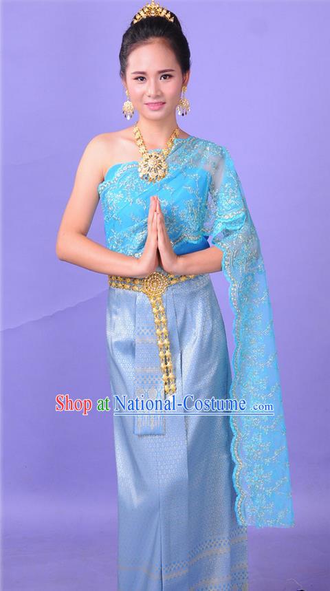 Traditional Thailand Ancient Handmade Princess Costumes, Traditional Thai China Dai Nationality Bride Wedding Blue Dress Clothing for Women