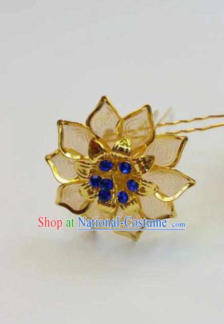 Traditional Thailand Ancient Handmade Hair Accessories Headpiece, Traditional Thai China Dai Nationality Blue Crystal Hairpins for Women