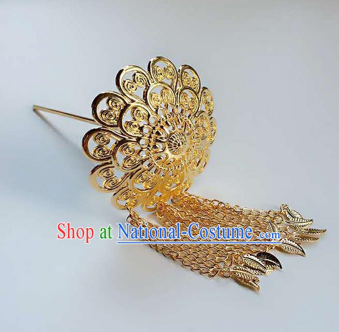 Traditional Thailand Ancient Handmade Hair Accessories Headpiece, Traditional Thai China Dai Nationality Golden Tassel Hairpins for Women