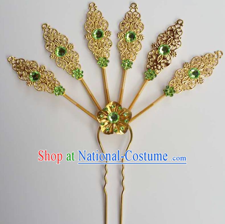 Traditional Thailand Ancient Handmade Hair Accessories Headpiece, Traditional Thai China Dai Nationality Green Crystal Hairpins Headwear for Women