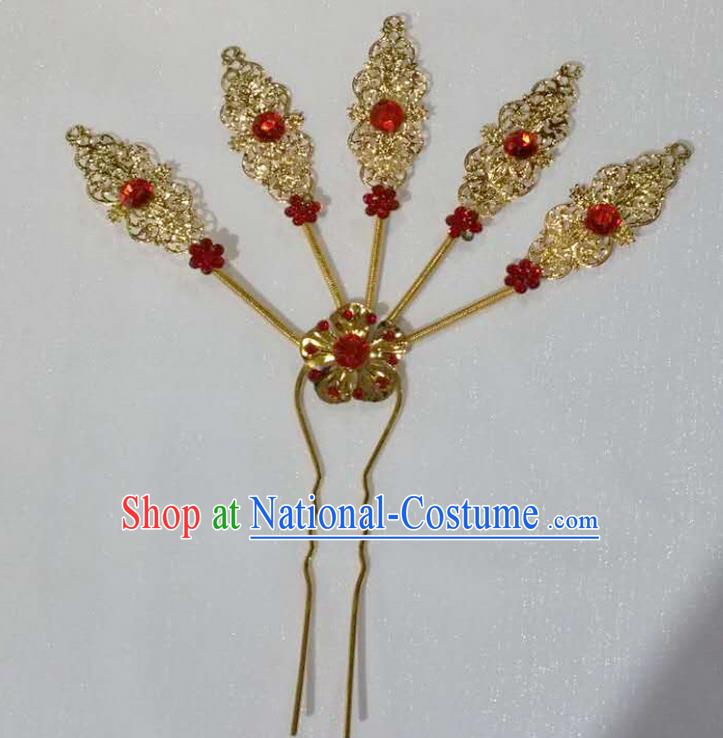 Traditional Thailand Ancient Handmade Hair Accessories Headpiece, Traditional Thai China Dai Nationality Red Crystal Hairpins Headwear for Women