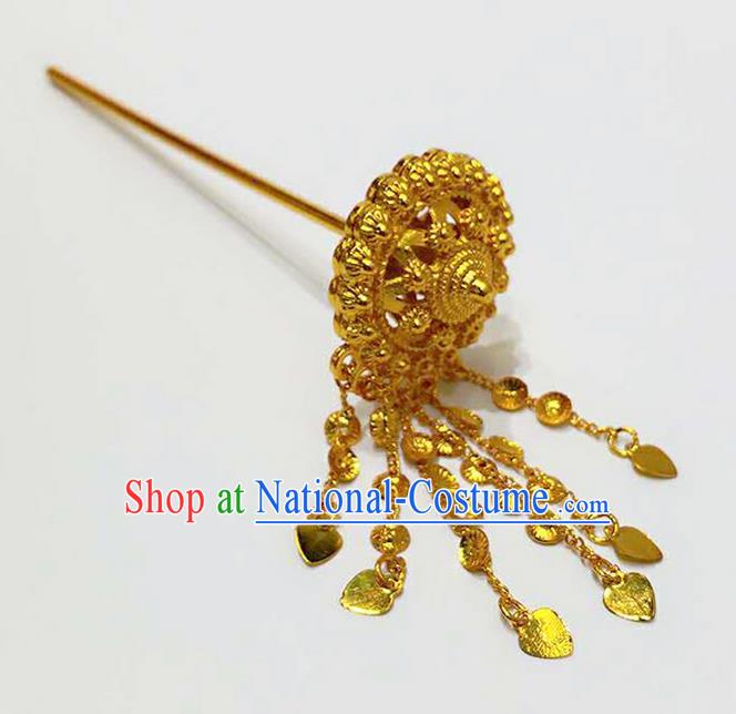 Traditional Thailand Ancient Handmade Hair Accessories Headpiece, Traditional Thai China Dai Nationality Tassel Hairpins Golden Hair Sticks for Women