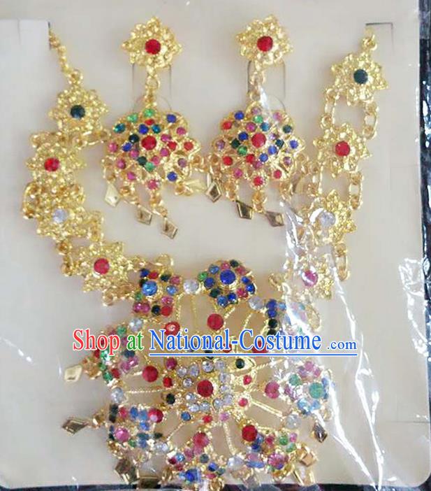 Traditional Thailand Ancient Handmade Accessories Necklace and Earrings, Traditional Thai China Dai Nationality Colorful Crystal Eardrop for Women