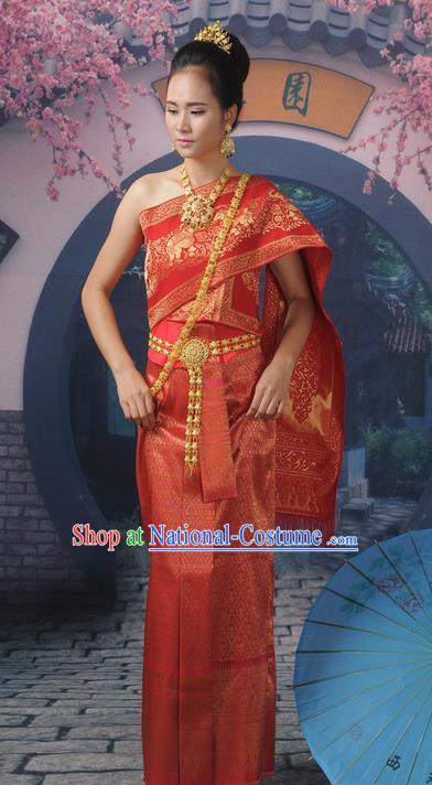 Traditional Thailand Ancient Handmade Young Lady Wedding Costumes, Traditional Thai China Dai Nationality Red Dress Clothing for Women