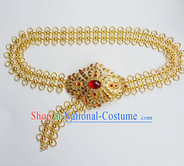 Traditional Thailand Ancient Handmade Waist Chain Accessories, Traditional Thai China Dai Nationality Red Crystal Belts Pendant for Women