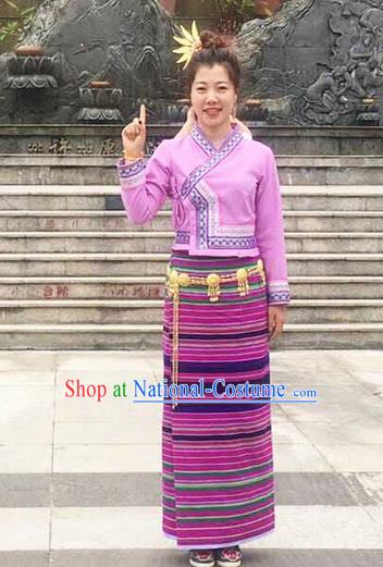 Traditional Thailand Ancient Handmade Young Lady Costumes and Headpiece, Traditional Thai China Dai Nationality Pink Dress Clothing for Women