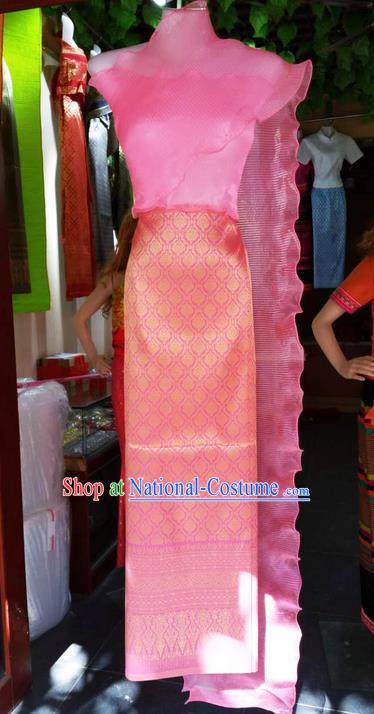 Traditional Thailand Ancient Handmade Female Costumes, Traditional Thai China Dai Nationality Wedding Bride Pink Dress Clothing for Women