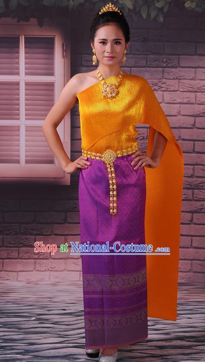 Traditional Thailand Ancient Handmade Female Costumes, Traditional Thai China Dai Nationality Wedding Bride Purple Dress Clothing for Women