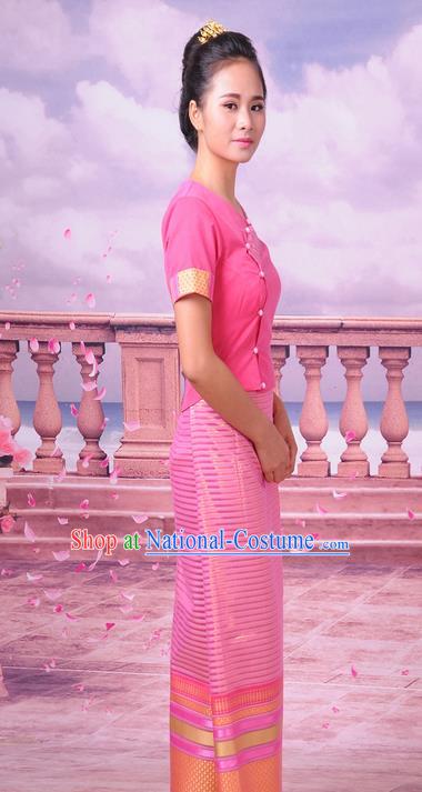 Traditional Thailand Ancient Handmade Female Costumes, Traditional Thai Lady China Dai Nationality Pink Dress Clothing for Women