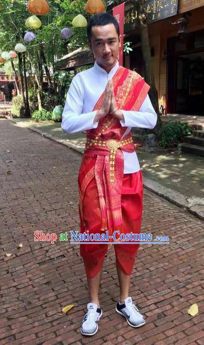 Traditional Thailand Ancient Handmade Male Costumes, Traditional Thai Uniform China Dai Nationality Red Clothing for Men