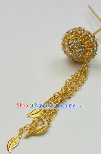 Traditional Thailand Ancient Handmade Hair Jewelry Accessories, Traditional Thai China Dai Nationality Golden Hairpins Crystal Hair Stick for Women