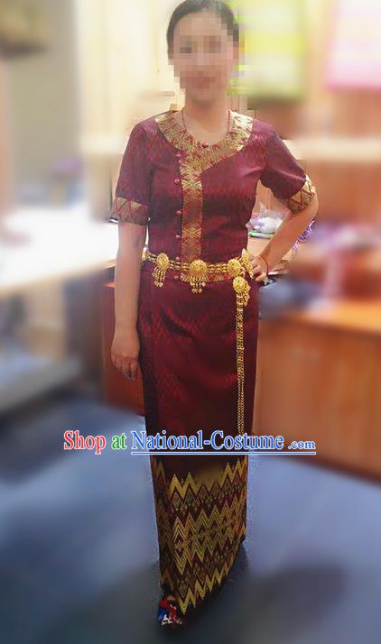 Traditional Thailand Ancient Handmade Female Costumes, Traditional Thai Uniform China Dai Nationality Dark Red Dress Clothing for Women