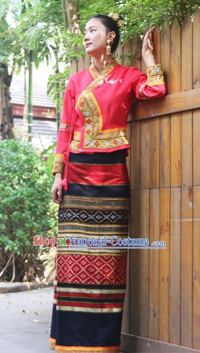 Traditional Thailand Ancient Handmade Female Costumes, Traditional Thai Uniform China Dai Nationality Dark Red Dress Clothing for Women