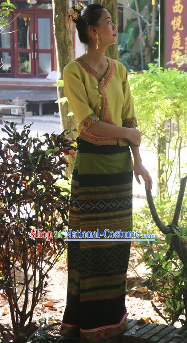 Traditional Thailand Ancient Handmade Female Costumes, Traditional Thai Uniform China Dai Nationality Dark Khaki Dress Clothing for Women