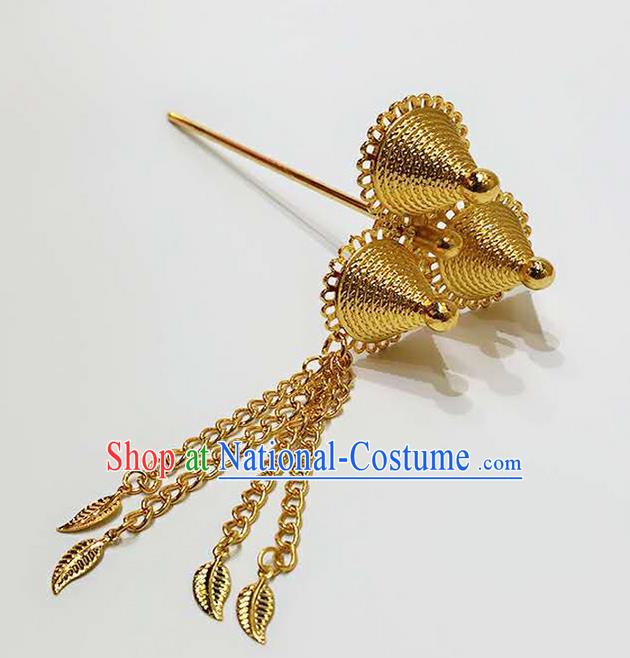 Traditional Thailand Ancient Handmade Golden Hair Accessories, Traditional Thai China Dai Nationality Hairpins Hair Stick Headpiece for Women